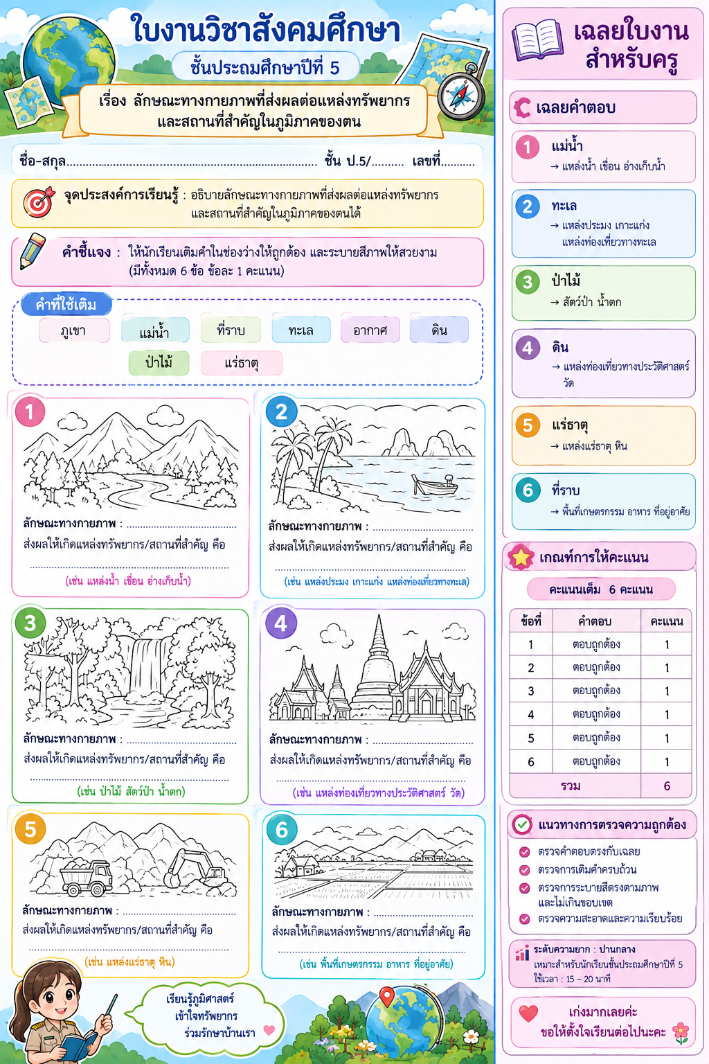 ตัวอย่างใบงานเรื่องลักษณะทางกายภาพและแหล่งทรัพยากร